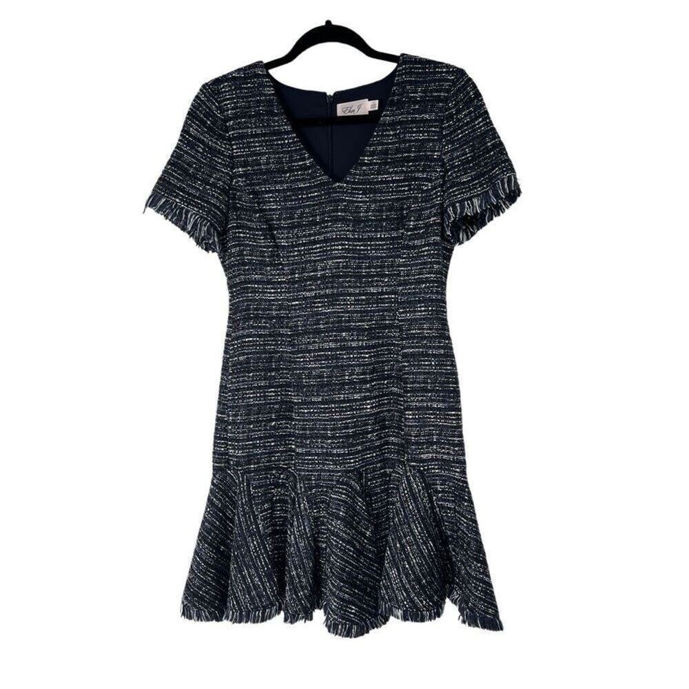 Eliza J Blue Tweed V Neck Pleated Skirt Fit & Flare Dress Sz 2
